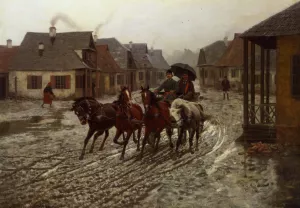 A Journey in the Rain by Alfred Von Kowalski-Wierusz - Oil Painting Reproduction