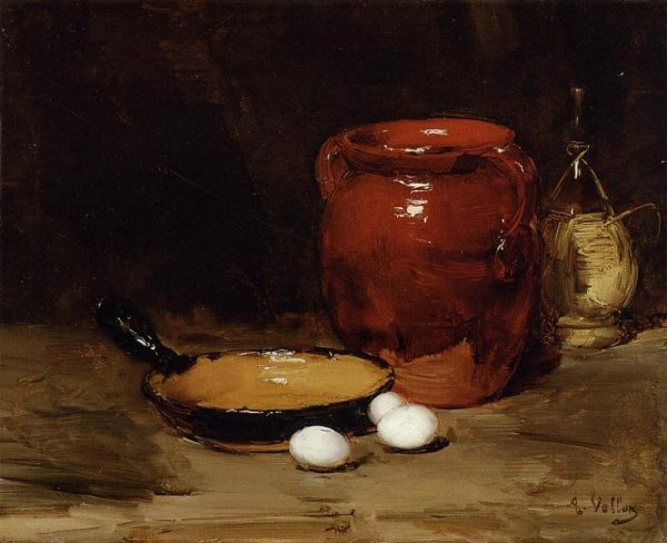 Oil Painting Reproduction Still Life with a Pen, Jug, Bottle and Eggs on a Table by Antoine Vollon