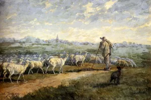 Landscape with a Flock of Sheep by Charles Emile Jacque - Oil Painting Reproduction