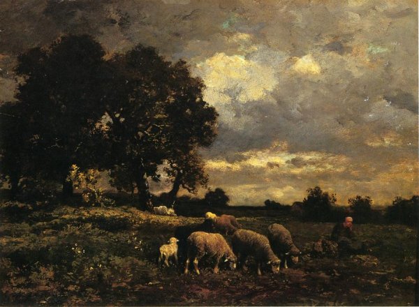 Oil Painting Reproduction Tending the Flock by Charles Emile Jacque