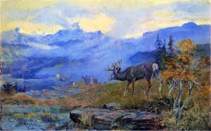 Deer Grazing by Charles Marion Russell - Oil Painting Reproduction