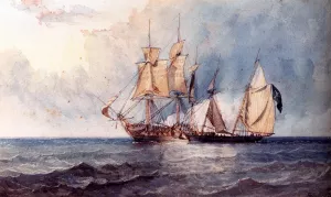 A Man-O-War And Pirate Ship At Full Sail On Open Seas by Clarkson Stanfield - Oil Painting Reproduction