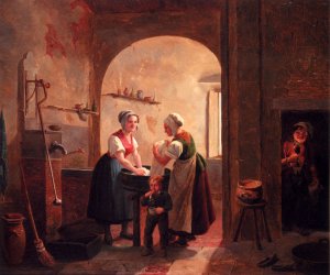 Washerwomen in a Sunlit Basement with a Young Boy Blowing Bubbles by Constantin Fidele Coene Oil Painting