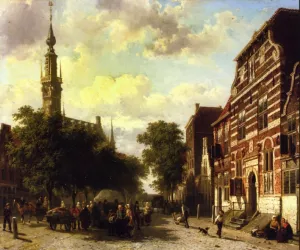 A Busy Market in Veere with the Clocktower of the Town Hall Beyond by Cornelis Springer - Oil Painting Reproduction