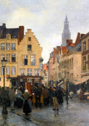 A Busy Market In Antwerp by Edgard Farasyn - Oil Painting Reproduction