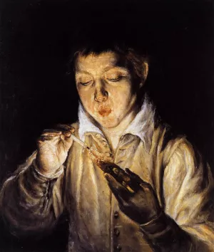 A Boy Blowing on an Ember to Light a Candle Soplon by El Greco - Oil Painting Reproduction
