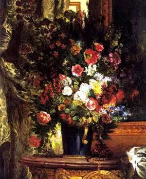 A Vase of Flowers on a Console by Eugene Delacroix - Oil Painting Reproduction