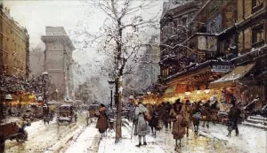 A Busy Boulevard Under Snow at Porte St. Martin, Paris by Eugene Galien-Laloue - Oil Painting Reproduction