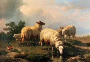 Sheep and a Chicken in a Landscape by Eugene Verboeckhoven - Oil Painting Reproduction