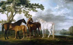 Mares and Foals in a River Landscape by George Stubbs - Oil Painting Reproduction