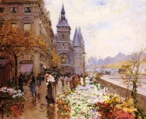 A Flower Market Along the Seine by Georges Stein - Oil Painting Reproduction