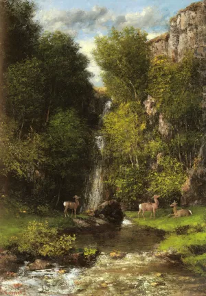 A Family of Deer in a Landscape with a Waterfall by Gustave Courbet - Oil Painting Reproduction