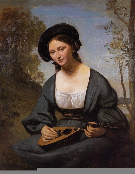 Oil Painting Reproduction Woman in a Toque with a Mandolin by Jean-Baptiste-Camille Corot