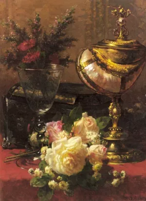 A Bouquet of Roses and other Flowers in a Glass Goblet with a Chinese Lacquer Box and a Nautilus Cup on a Red Velvet Draped Table by Jean Baptiste Robie - Oil Painting Reproduction