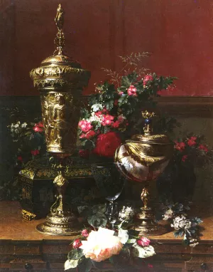 A Still Life With A German Cup, A Nautilus Cup, A Goblet An Cut Flowers On A Table by Jean Baptiste Robie - Oil Painting Reproduction