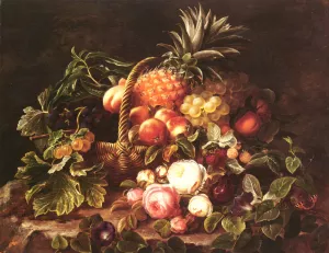 A Still Life of a Basket of Fruit and Roses by Johan Laurentz Jensen - Oil Painting Reproduction