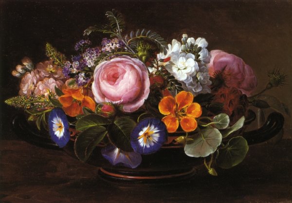 Oil Painting Reproduction Still Life with Pink Peonies and Morning Glories by Johan Laurentz Jensen