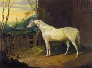 A Gray Arab Mare Outside a Stable in an Extensive River Landscape by John Frederick Herring Sr - Oil Painting Reproduction