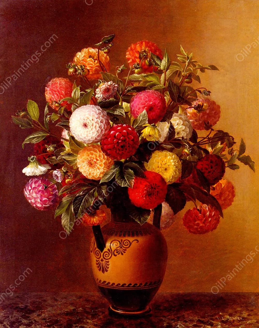 Still Life of Dahlias in a Vase, Johan Laurentz Jensen - Oil Paintings
