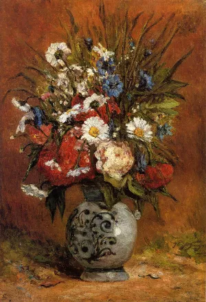 Daisies and Peonies in a Blue Vase by Paul Gauguin - Oil Painting Reproduction