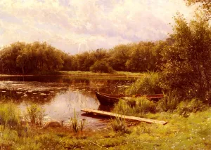 A Boat Moored On A Quiet Lake by Peder Mork Monsted - Oil Painting Reproduction