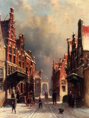 A Town View In Winter With Figures Conversing On Porches And Children Throwing Snowballs by Pieter Gerard Vertin - Oil Painting Reproduction