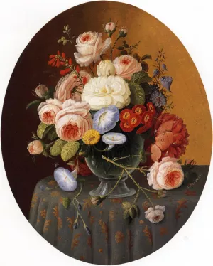 Floral Arrangement in a Glass Vase on a Clothed Table by Severin Roesen - Oil Painting Reproduction