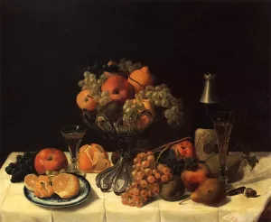 Fruit Still Life with Champagne Bottle by Severin Roesen - Oil Painting Reproduction