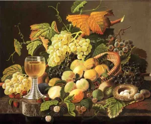Still Life with Fruit, Bird's Nest and Wine Glass by Severin Roesen - Oil Painting Reproduction