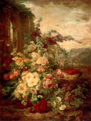 A Book on a Plinth by a Rose Bush at the Ruins by Simon Saint-Jean - Oil Painting Reproduction