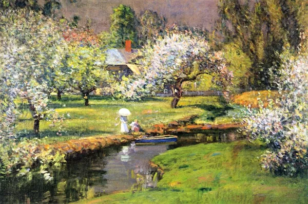 Lady with Parasol by Stream, Theodore Wendel - Oil Paintings