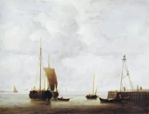 A Dutch Hoeker at Anchor near a Pier by Willem Van De Velde The Younger - Oil Painting Reproduction